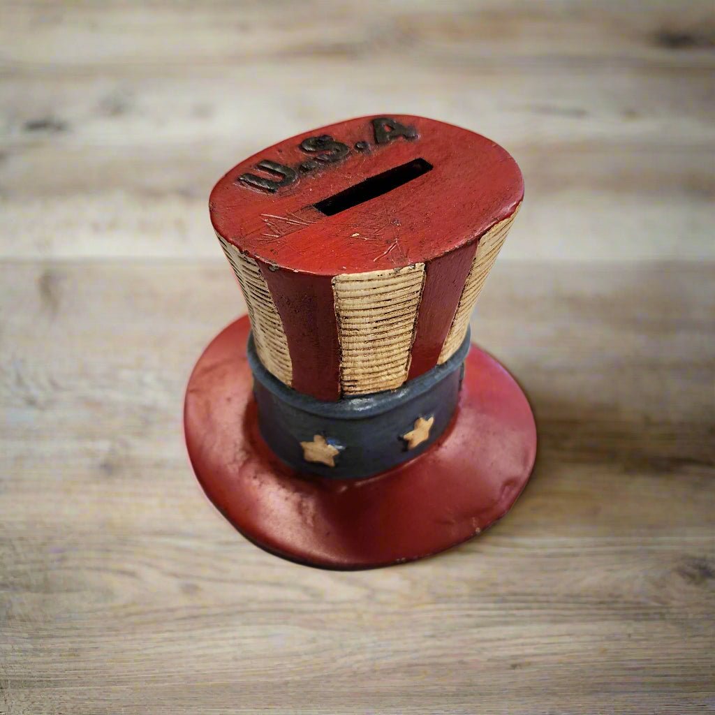 USA Hat Cast Iron Coin Bank With Painted Antique Finish (4.5" x 4.5" x 4") - Jones Peak
