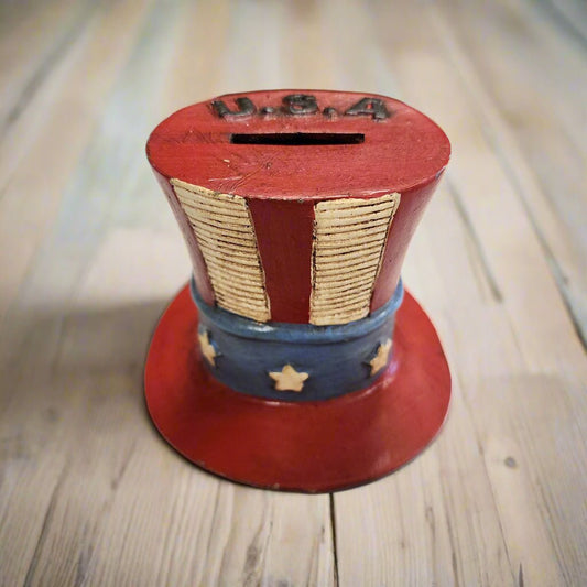 USA Hat Cast Iron Coin Bank With Painted Antique Finish (4.5" x 4.5" x 4") - Jones Peak