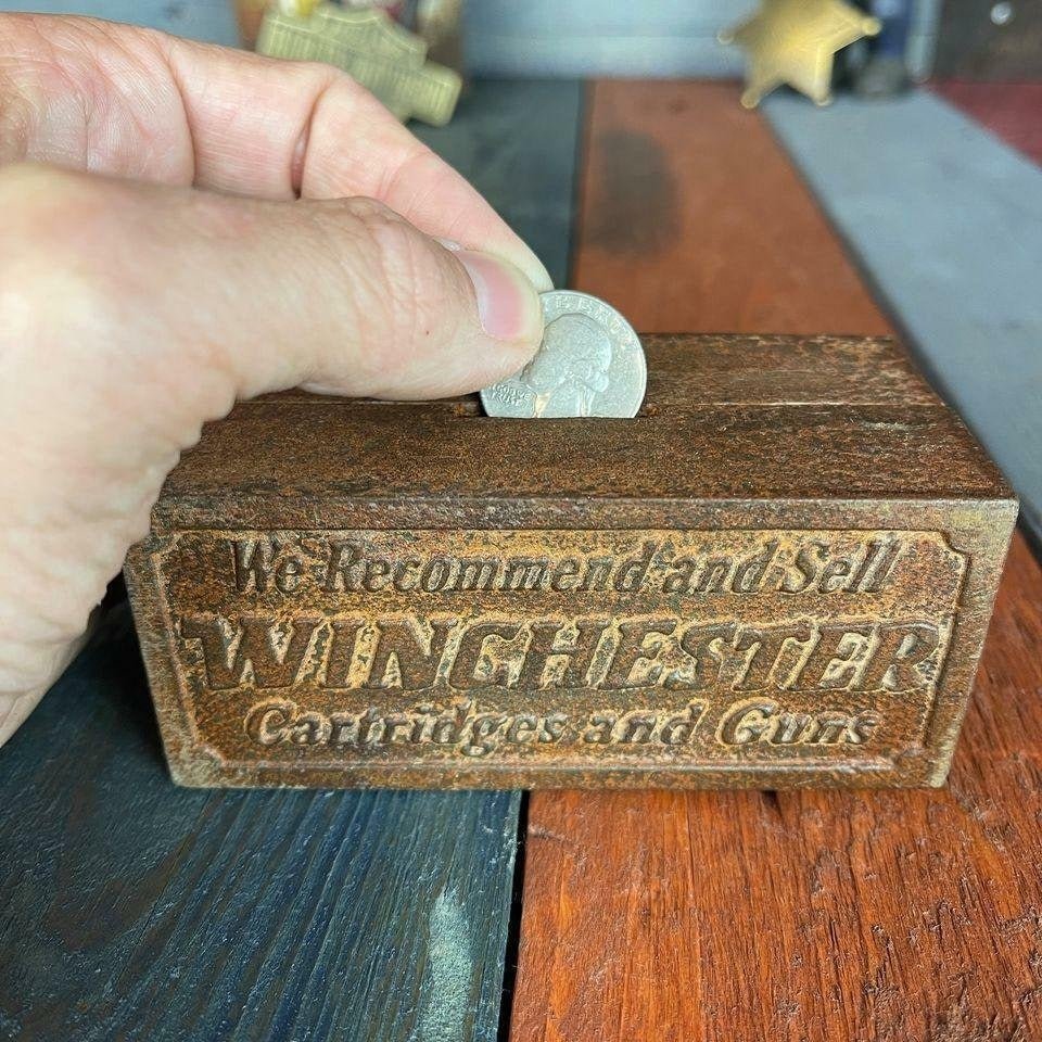 Winchester Cast Iron Coin Bank With Raised Lettering And Antique Finish (4" x 2" x 2") - Jones Peak