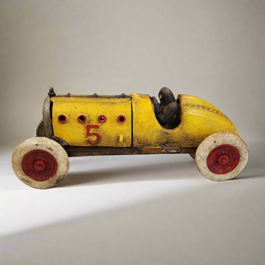 Yellow Racer Cast Iron Car With Moving Hood and Wheels (8.5" x 3") - Jones Peak