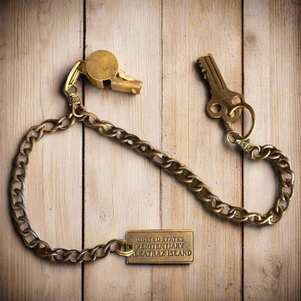 Alcatraz Prison Guard Iron Cell Key, Tag & Solid Brass Whistle (27" Chain) - Jones Peak