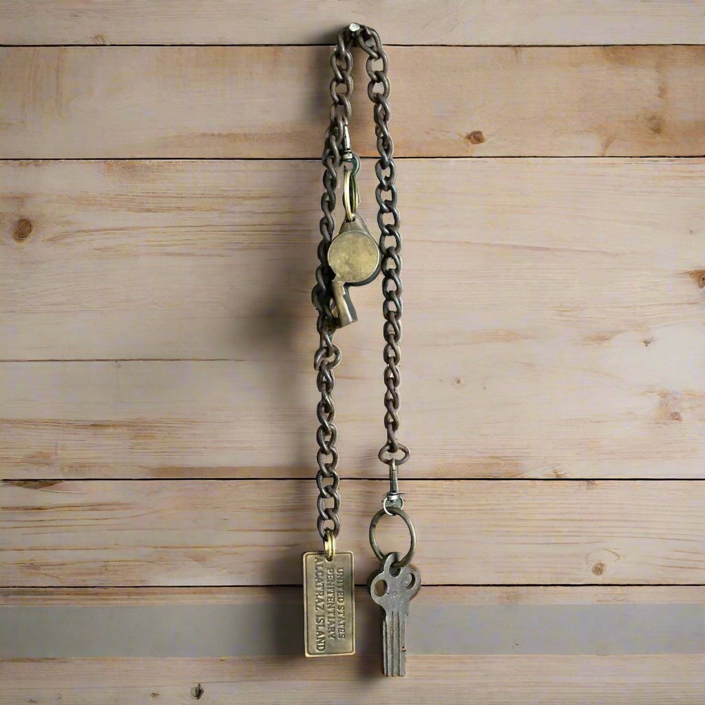 Alcatraz Prison Guard Iron Cell Key, Tag & Solid Brass Whistle (27" Chain) - Jones Peak
