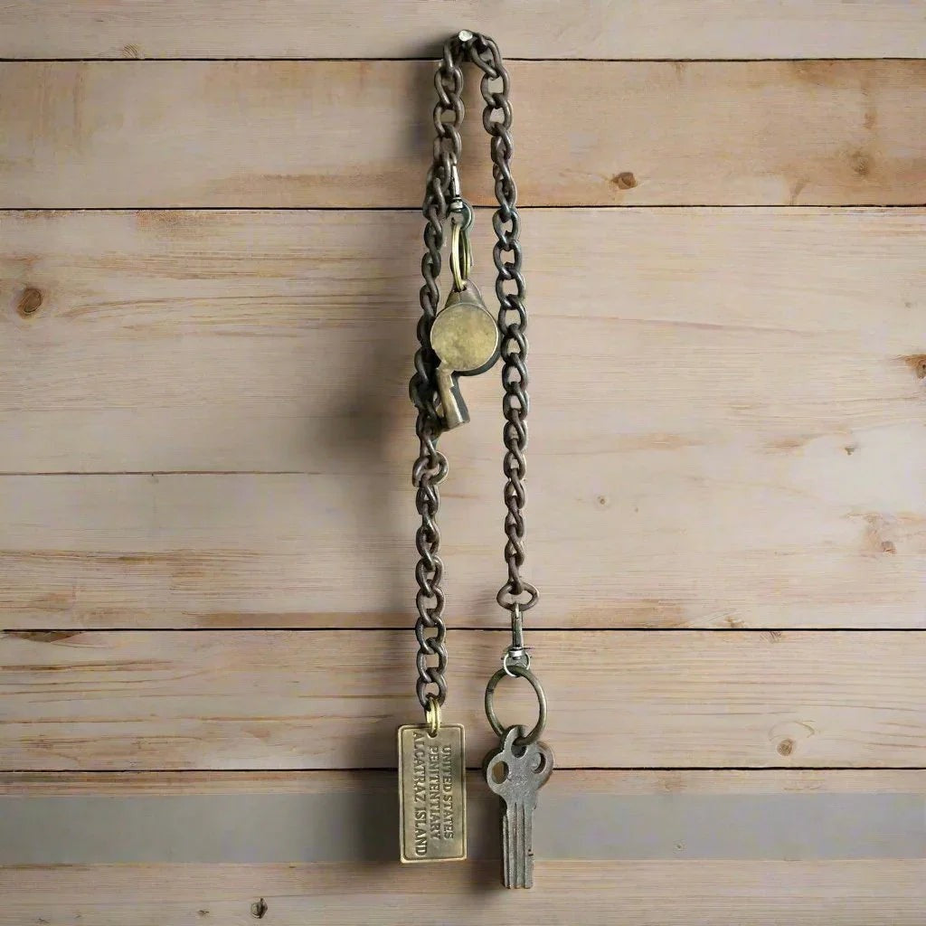 Alcatraz Prison Guard Iron Cell Key, Tag & Solid Brass Whistle (27" Chain) - Jones Peak