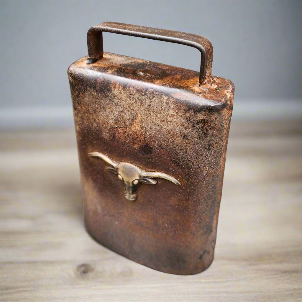 Cow Bell Cast Iron With Raised Steer Head And Vintage Antique Finish (6" x 4.5") - Jones Peak