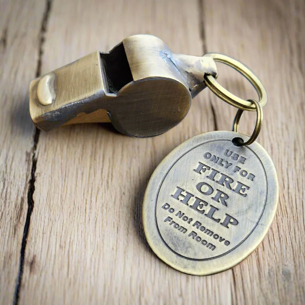 Fire Or Help Solid Brass Fire Department Tag & Whistle (2" Long) - Jones Peak