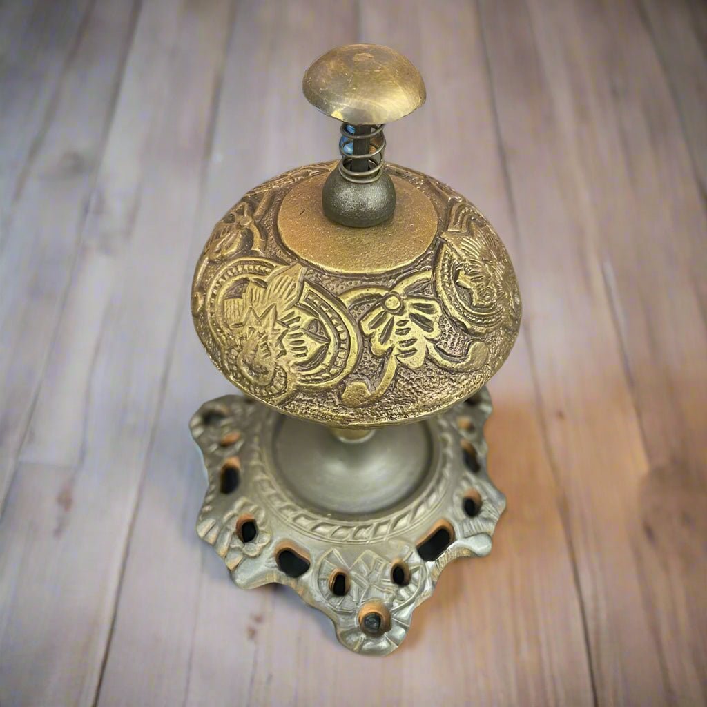 Hotel Desk Bell On Stand Solid Brass With Butterfly Engraving And Antique Finish (5" x 3.5") - Jones Peak