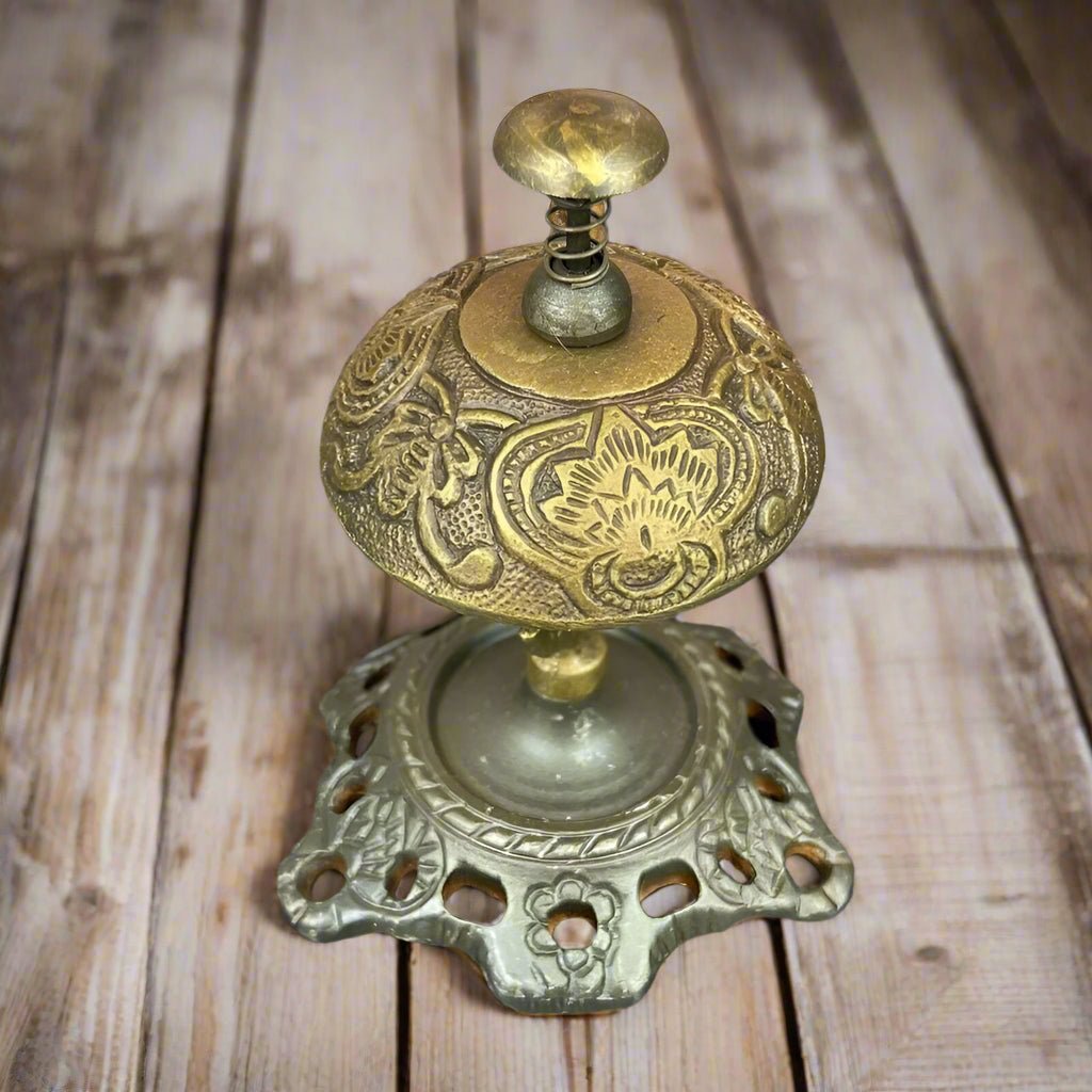 Hotel Desk Bell On Stand Solid Brass With Butterfly Engraving And Antique Finish (5" x 3.5") - Jones Peak