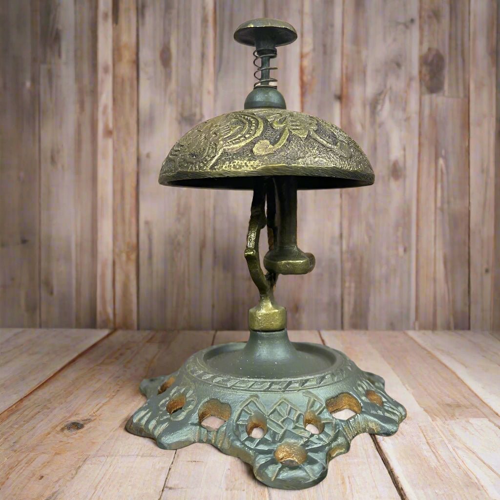 Hotel Desk Bell On Stand Solid Brass With Butterfly Engraving And Antique Finish (5" x 3.5") - Jones Peak