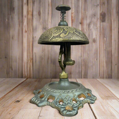 Hotel Desk Bell On Stand Solid Brass With Butterfly Engraving And Antique Finish (5" x 3.5") - Jones Peak