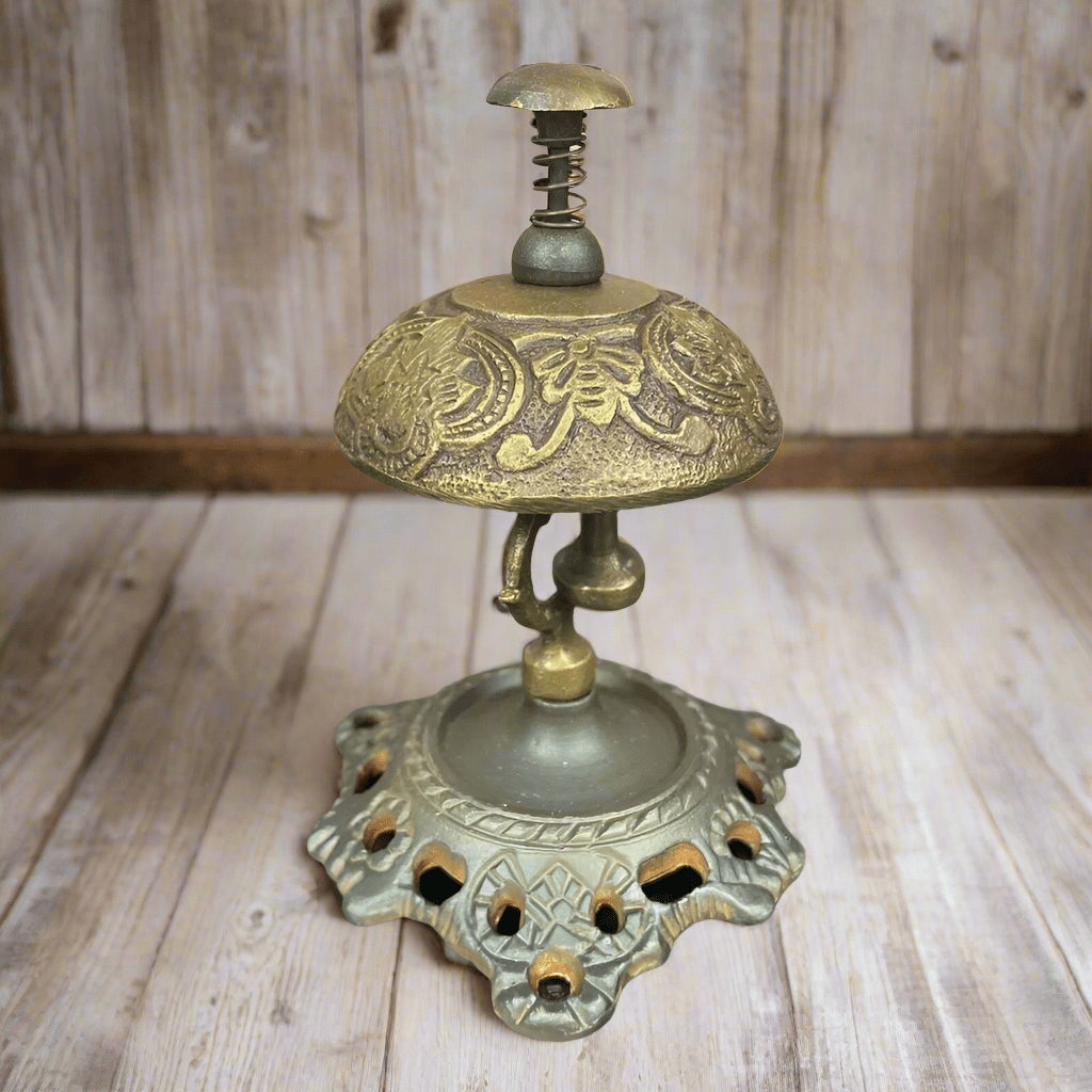 Hotel Desk Bell On Stand Solid Brass With Butterfly Engraving And Antique Finish (5" x 3.5") - Jones Peak