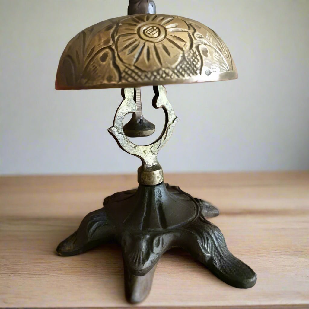 Hotel Desk Bell On Stand Solid Brass With Floral Engraving And Antique Patina Finish (5" x 3.5") - Jones Peak