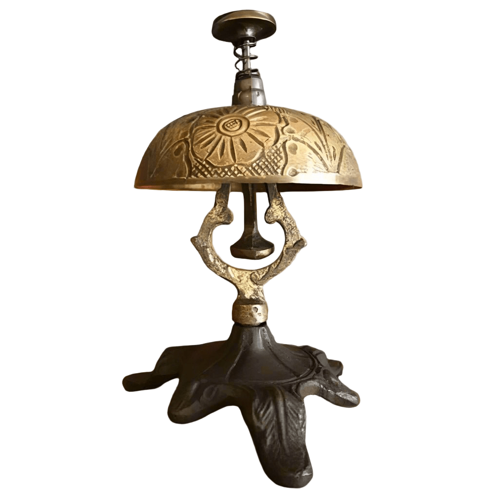 Hotel Desk Bell On Stand Solid Brass With Floral Engraving And Antique Patina Finish (5" x 3.5") - Jones Peak