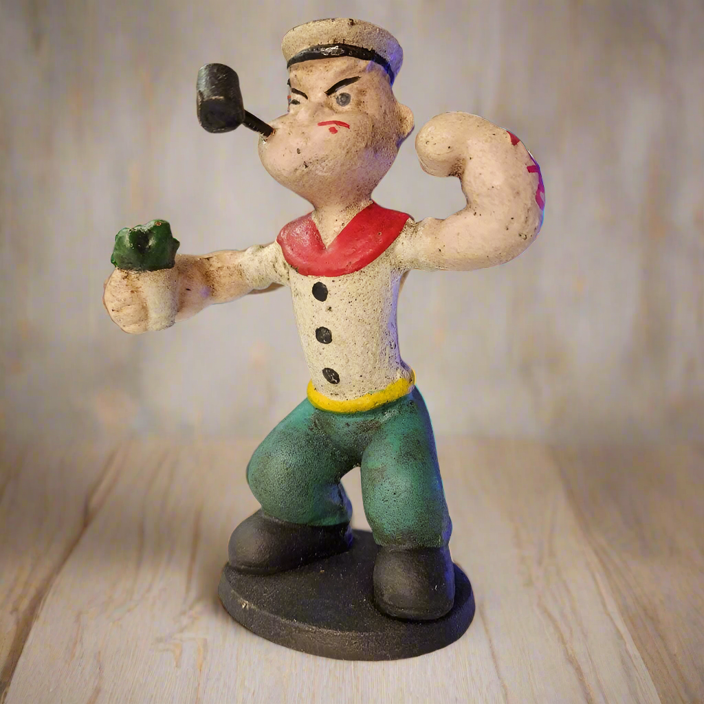 Popeye Sailor Man With Pipe & Spinach Cast Iron Figurine With Hand Painted Antique Finish (6" x 4.5" x 2")