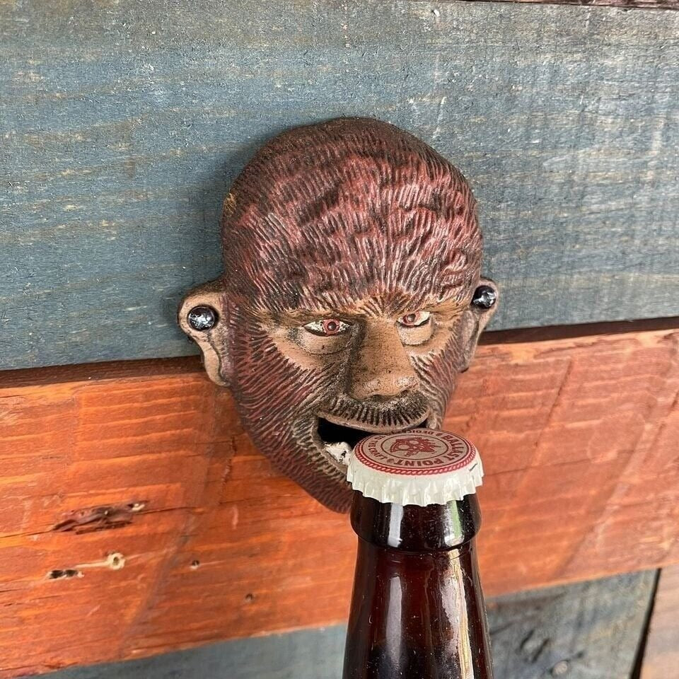 Wolfman Cast Iron Wall Mounted Bottle Opener With Painted Antique Finish (4" x 3" x 1.5")