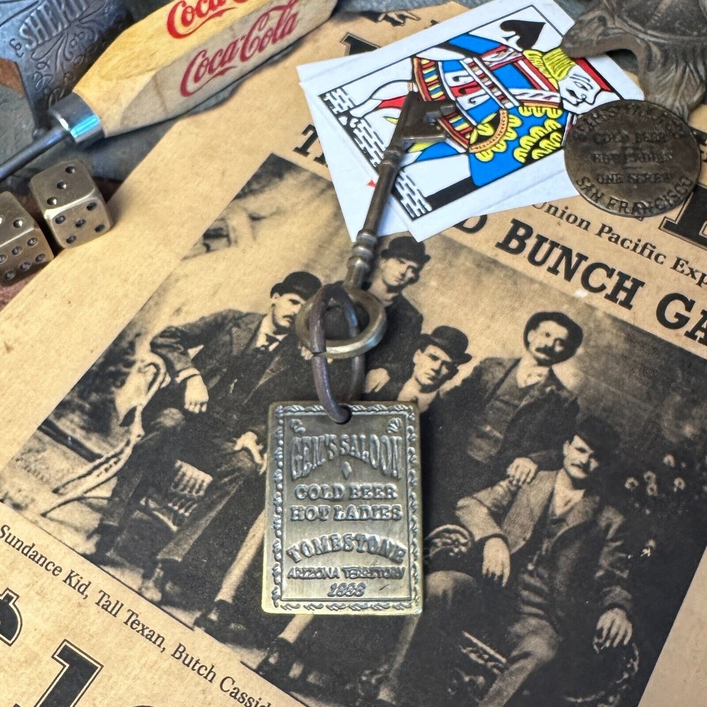 Gem's Saloon 1886 Tombstone Brothel Room Brass Tag & Key With Antique Finish (6.5" Long)