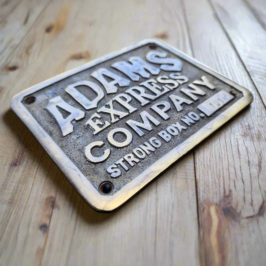 Adams Express Company Strong Box Solid Brass Plaque With Raised Detail & Antique Finish (4.5" x 3.5") - Jones Peak