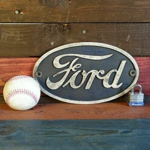 Ford Logo Cast Iron Painted Plaque With Antique Finish (9" x 5.25") - Jones Peak