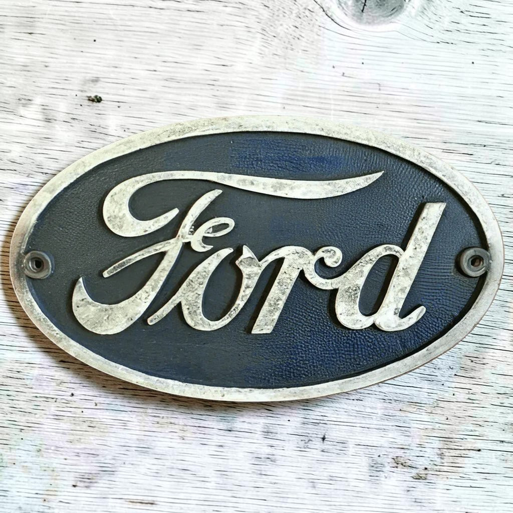 Ford Logo Cast Iron Painted Plaque With Antique Finish (9" x 5.25") - Jones Peak