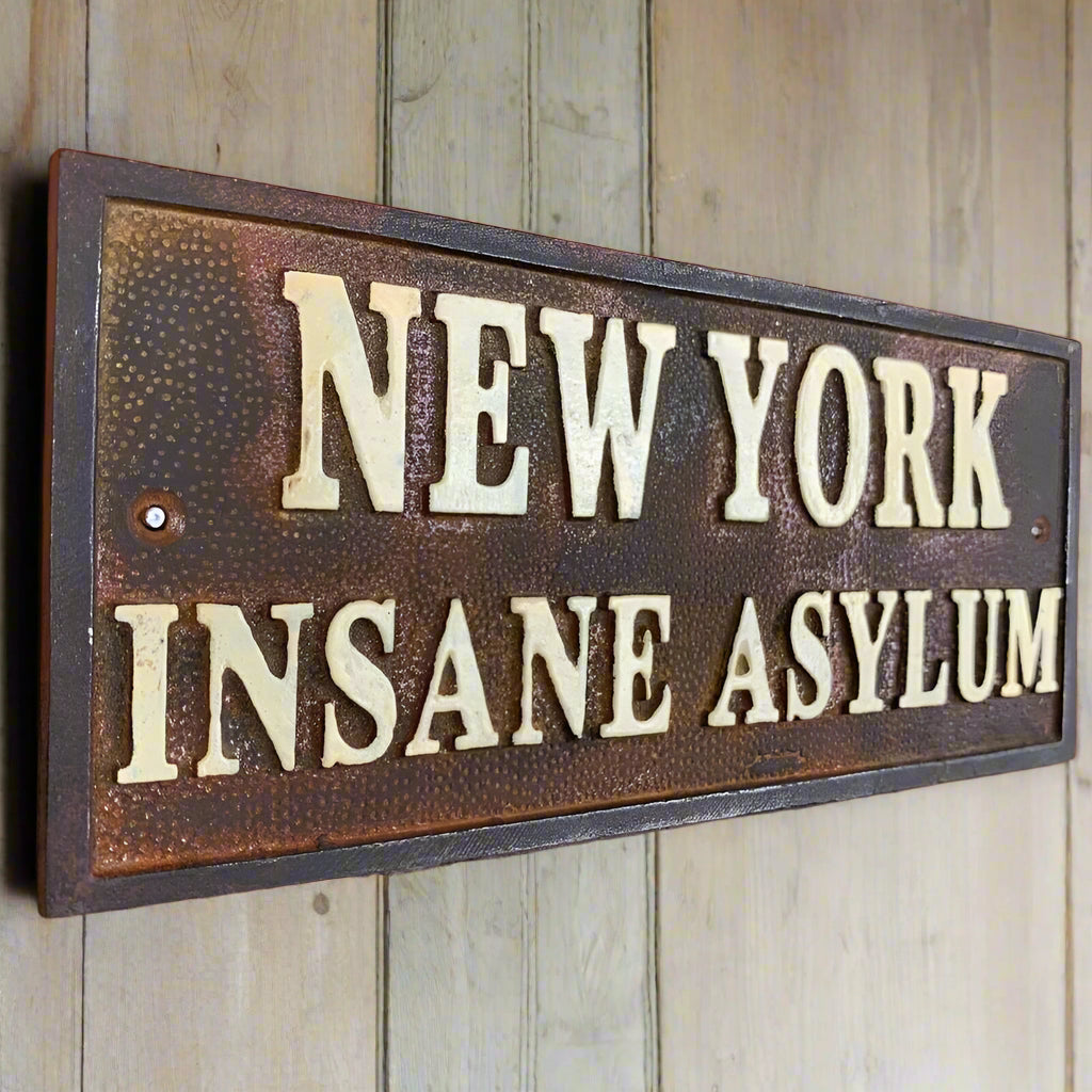 New York Insane Asylum Cast Iron Plaque With Antique Finish (7.75" x 3.5") - Jones Peak