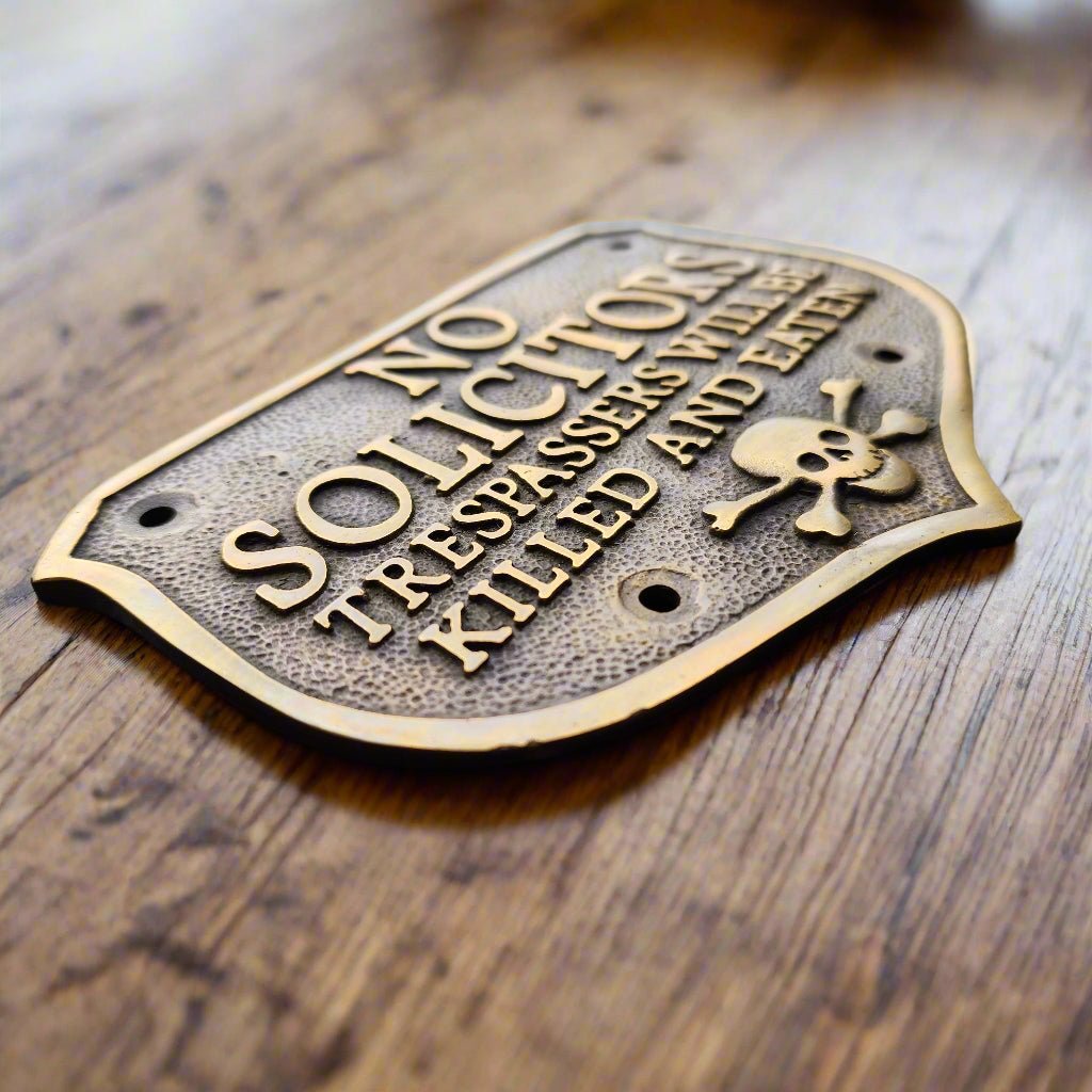 Pirate Skull No Solicitors Solid Brass Plaque With Antique Finish (5.25" x 4") - Jones Peak