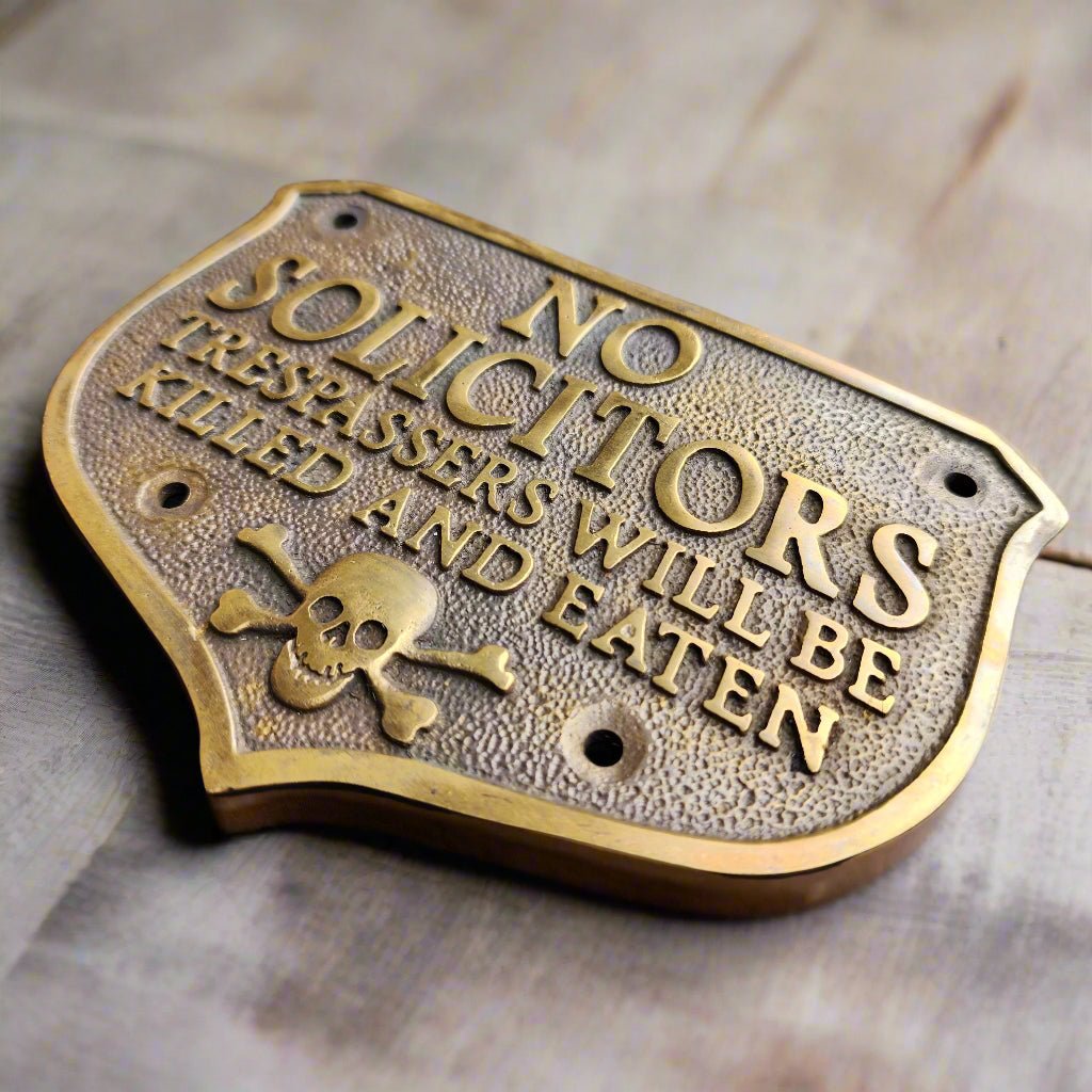 Pirate Skull No Solicitors Solid Brass Plaque With Antique Finish (5.25" x 4") - Jones Peak