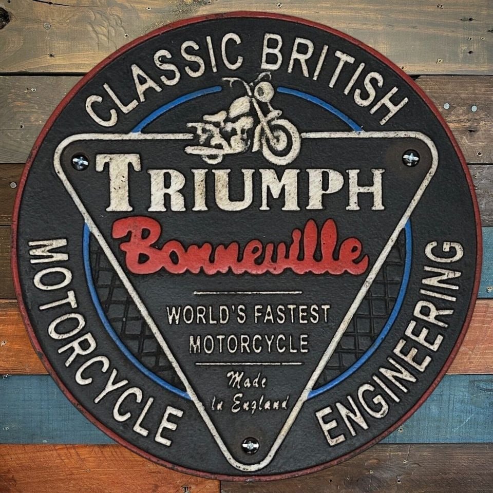 Triumph Bonneville Motorcycle Cast Iron Plaque With Antique Finish (9.5" Round) - Jones Peak
