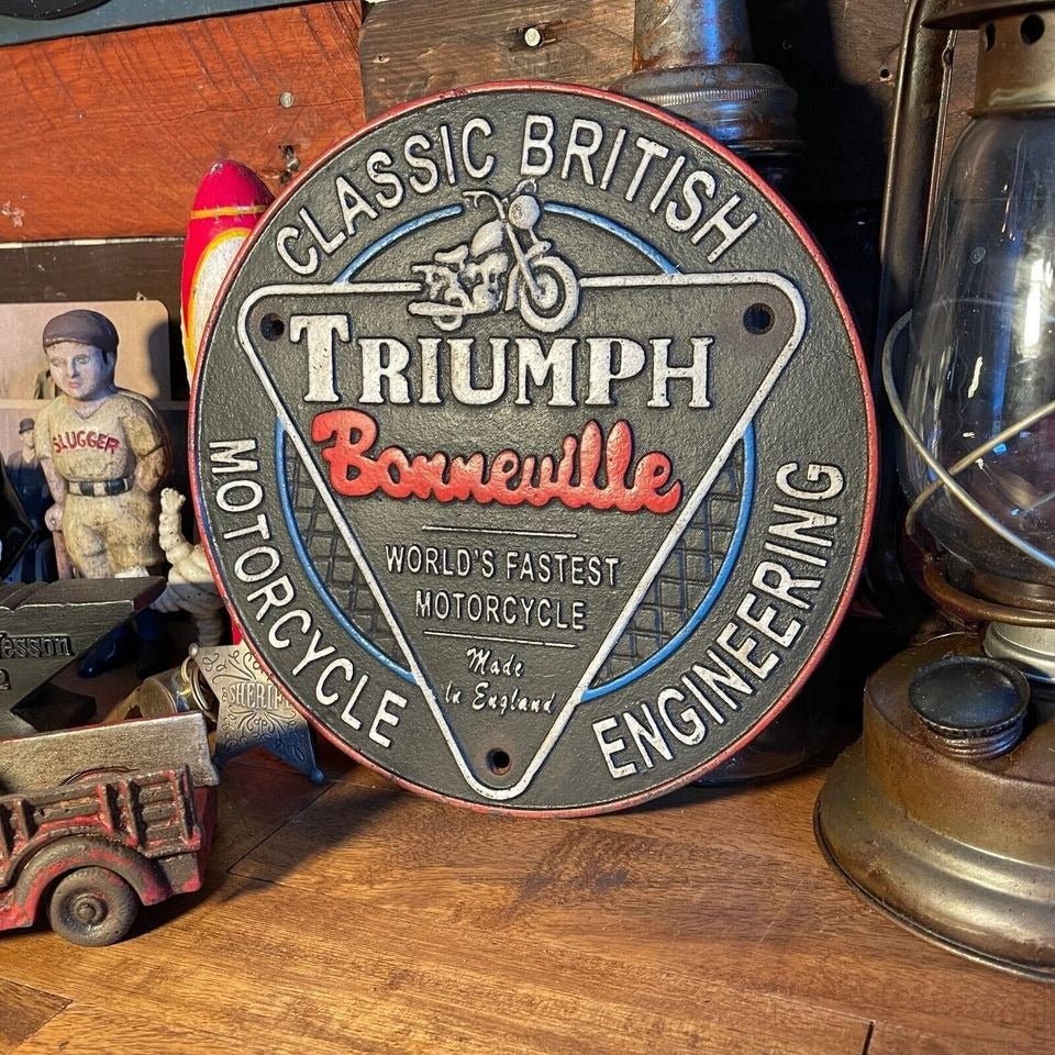Triumph Bonneville Motorcycle Cast Iron Plaque With Antique Finish (9.5" Round) - Jones Peak
