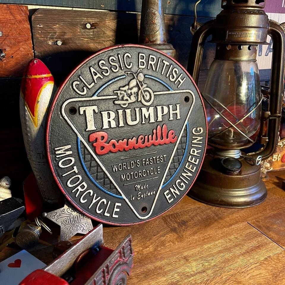 Triumph Bonneville Motorcycle Cast Iron Plaque With Antique Finish (9.5" Round) - Jones Peak