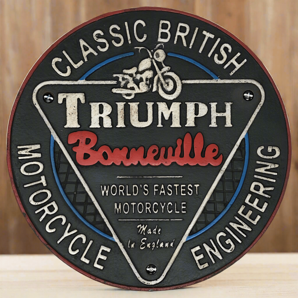Triumph Bonneville Motorcycle Cast Iron Plaque With Antique Finish (9.5" Round) - Jones Peak