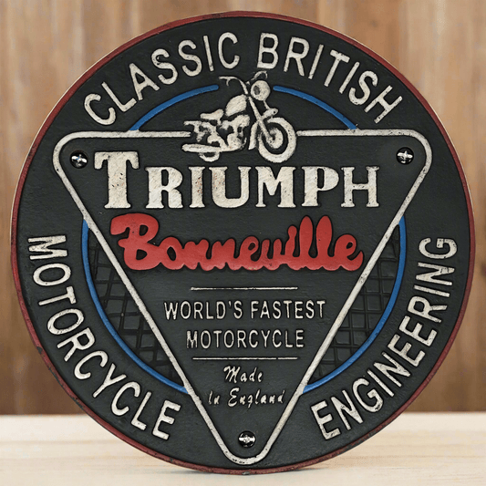 Triumph Bonneville Motorcycle Cast Iron Plaque With Antique Finish (9.5" Round) - Jones Peak