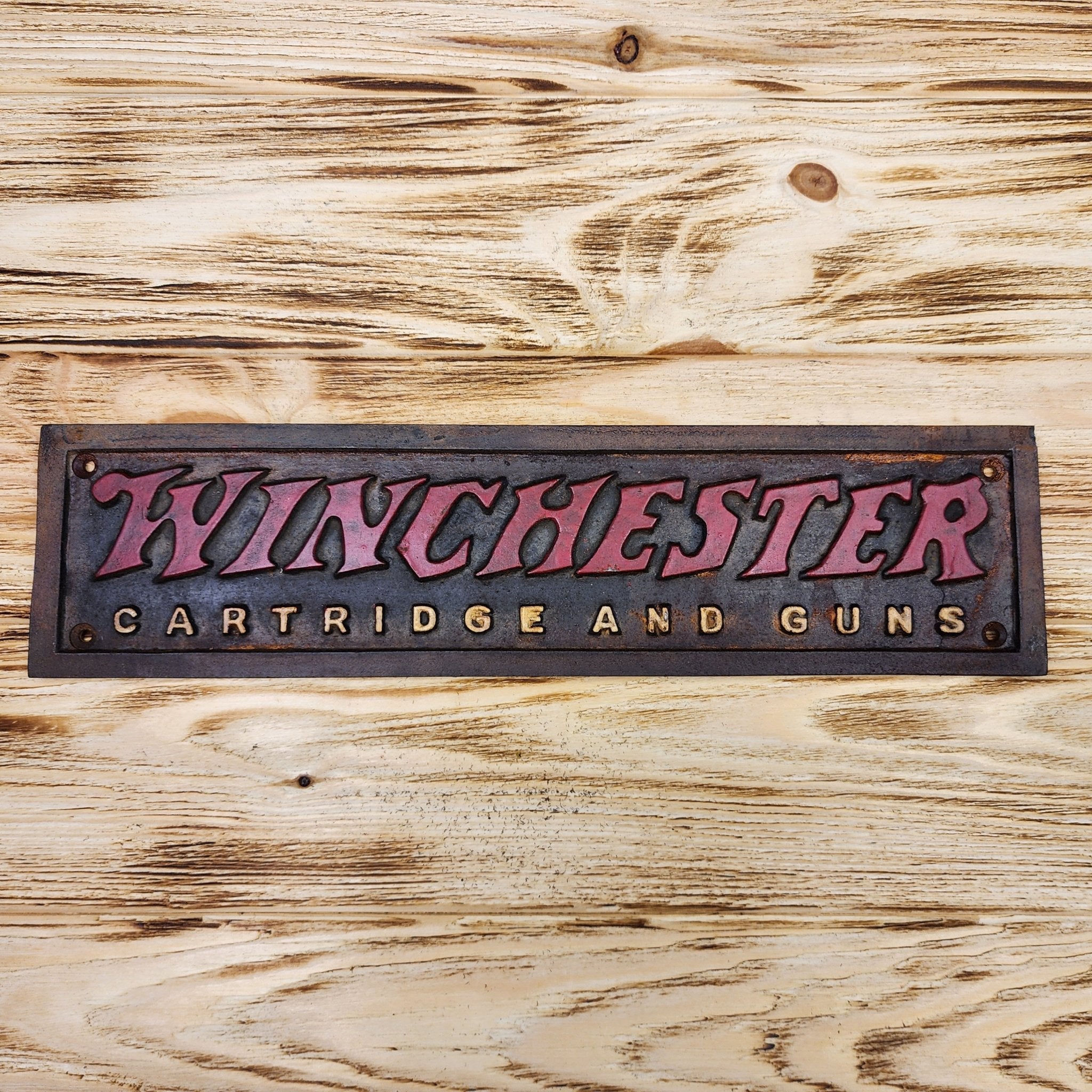 Winchester Cartridges And Guns Cast Iron Plaque With Painted Antique Finish (13.5" x 3") - Jones Peak