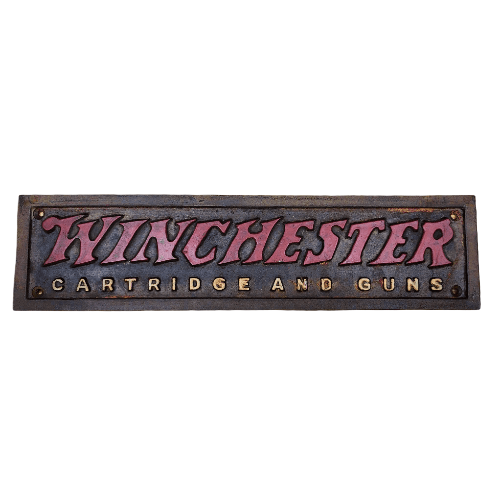 Winchester Cartridges And Guns Cast Iron Plaque With Painted Antique Finish (13.5" x 3") - Jones Peak