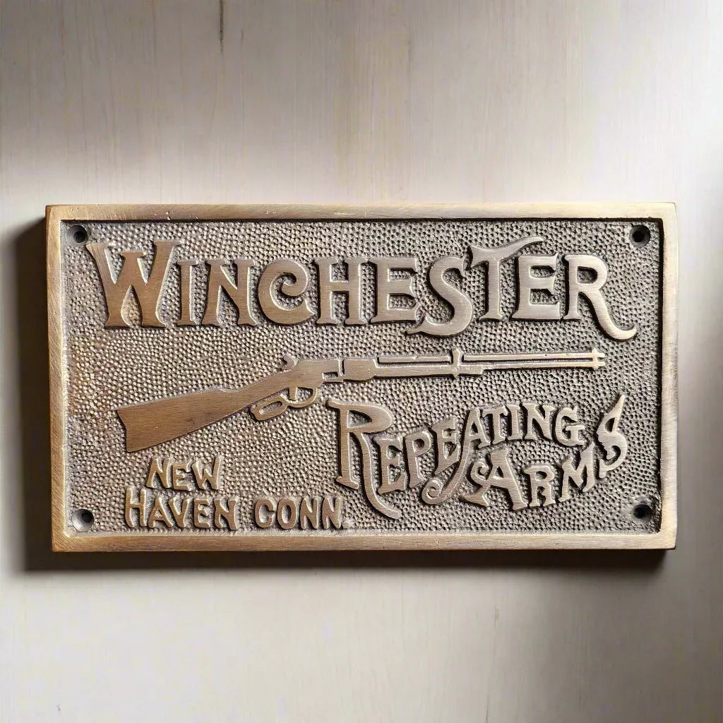 Winchester Repeating Arms Solid Brass Plaque With Raised Lettering (6.75" x 3.75") - Jones Peak