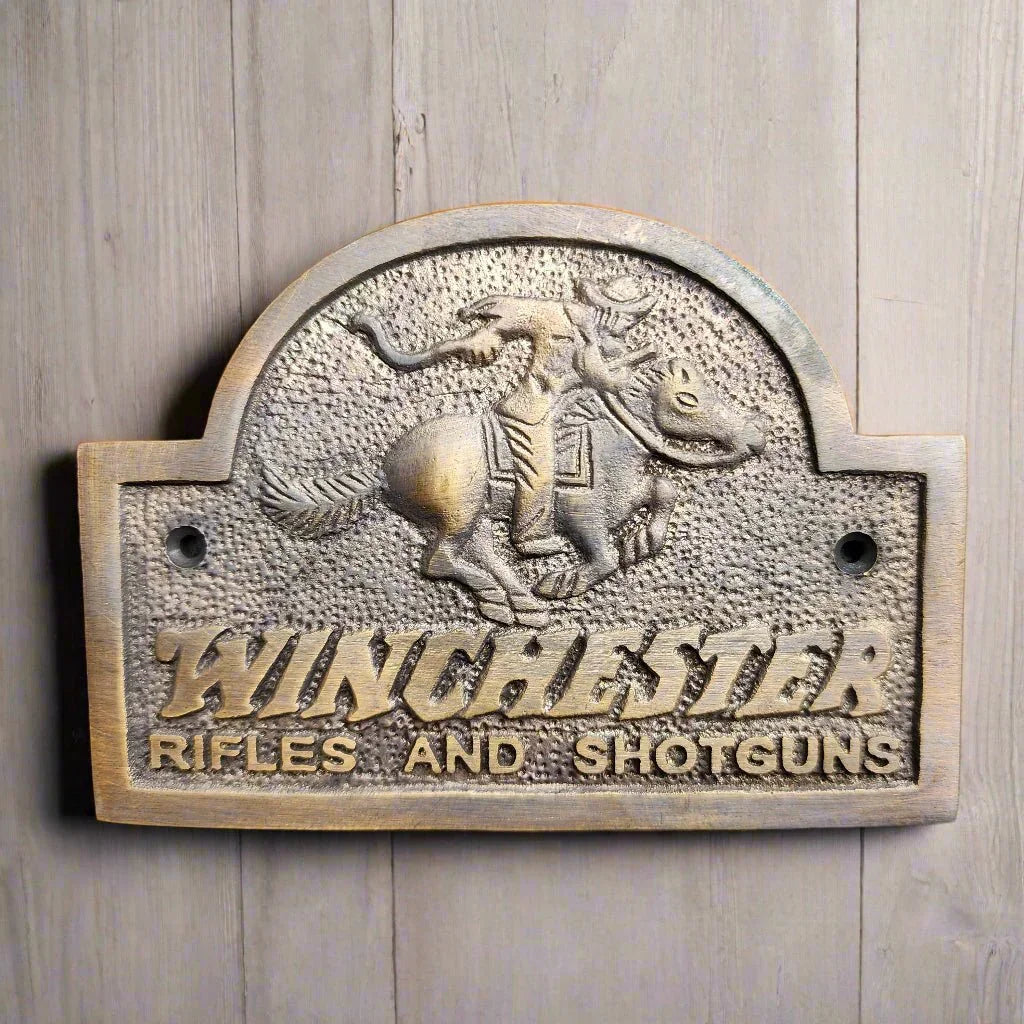 Winchester Rider Rifles & Shotguns Solid Brass Plaque With Antique Finish (5" x 3") - Jones Peak