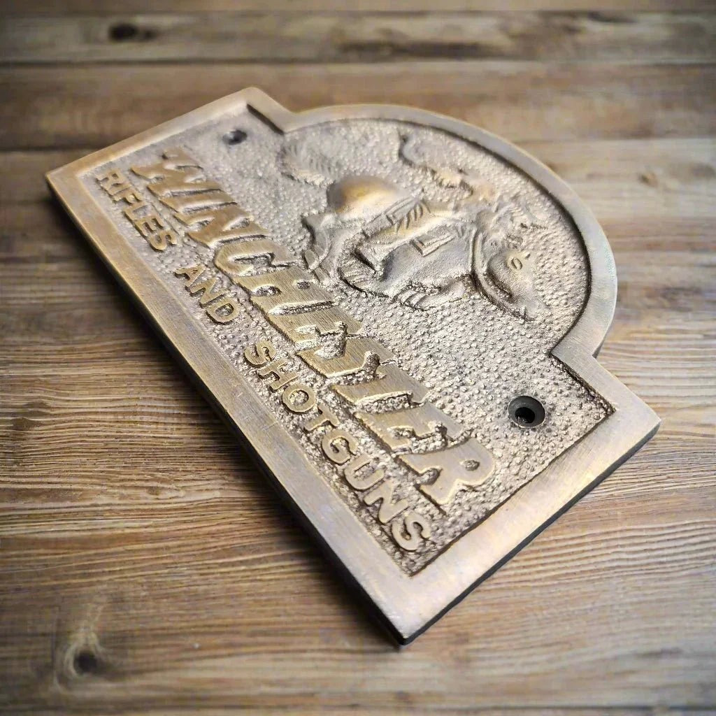 Winchester Rider Rifles & Shotguns Solid Brass Plaque With Antique Finish (5" x 3") - Jones Peak