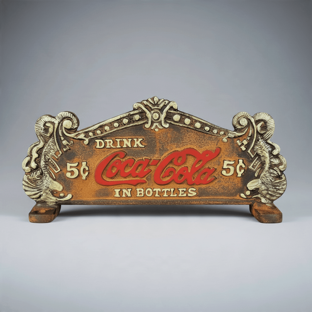 Jones Peak vintage-style Coca-Cola cast iron sign with antique patina finish and raised lettering for wall decor.