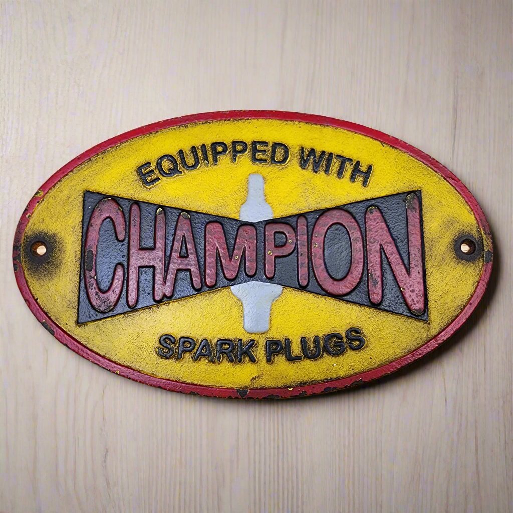 Champion Spark Plugs Cast Iron Plaque With Painted Antique Finish (11" x 7") - Jones Peak