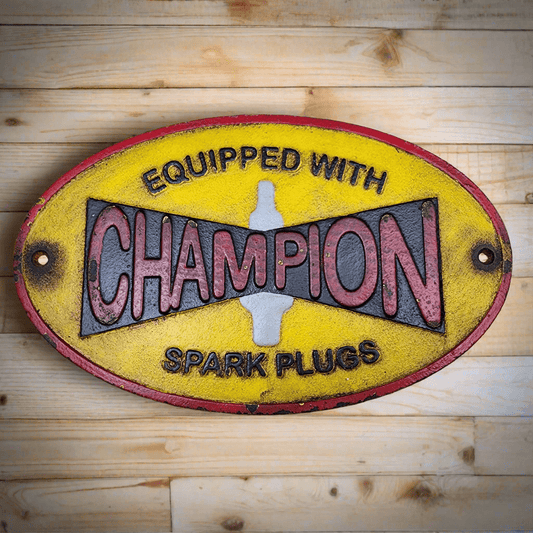 Champion Spark Plugs Cast Iron Plaque With Painted Antique Finish (11" x 7") - Jones Peak