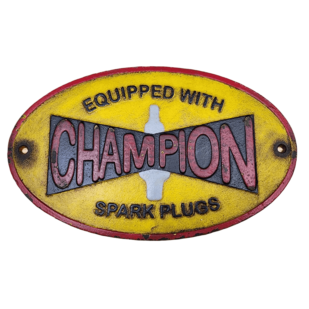 Champion Spark Plugs Cast Iron Plaque With Painted Antique Finish (11" x 7") - Jones Peak