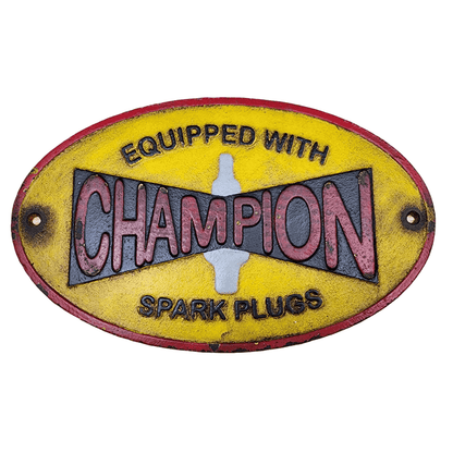 Champion Spark Plugs Cast Iron Plaque With Painted Antique Finish (11" x 7") - Jones Peak