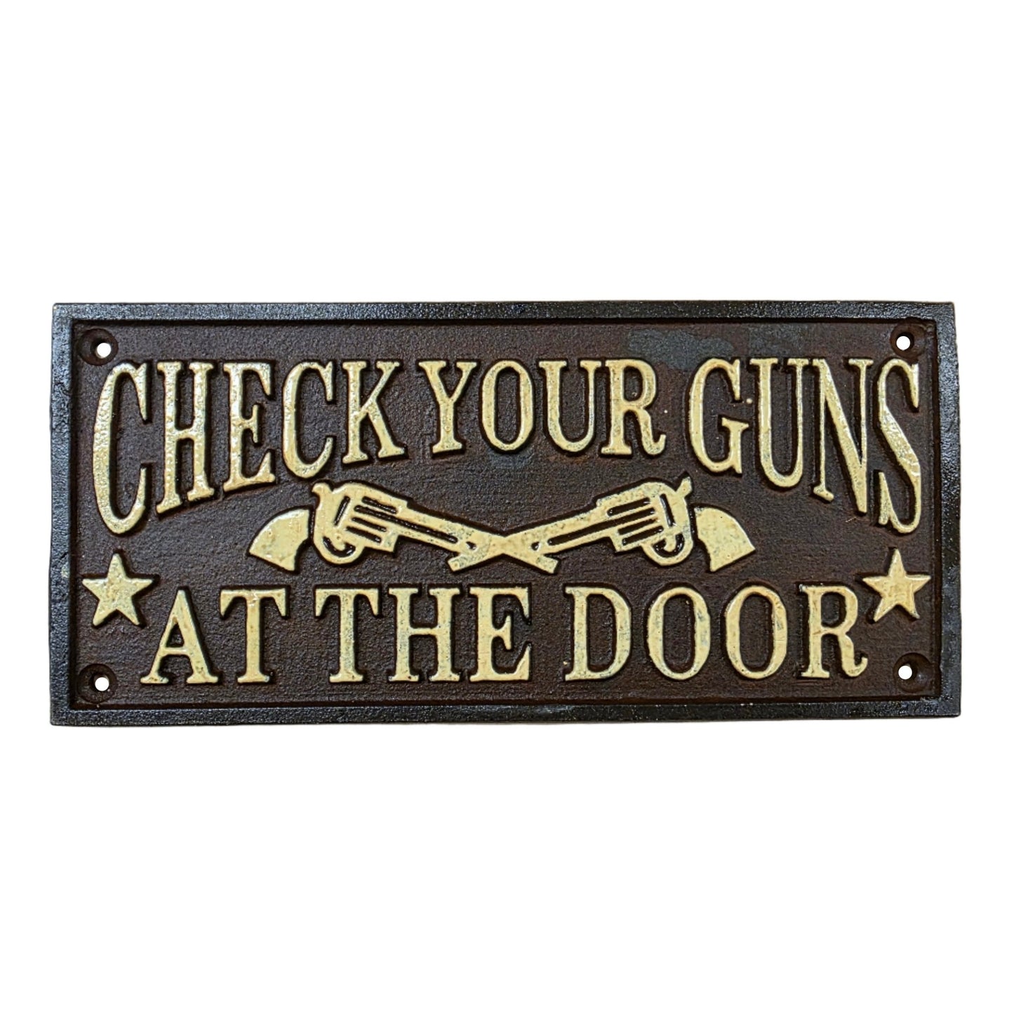 Check Your Guns At The Door Cast Iron Wall Plaque Sign With Antique Finish (7.75" x 3.5") - Jones Peak