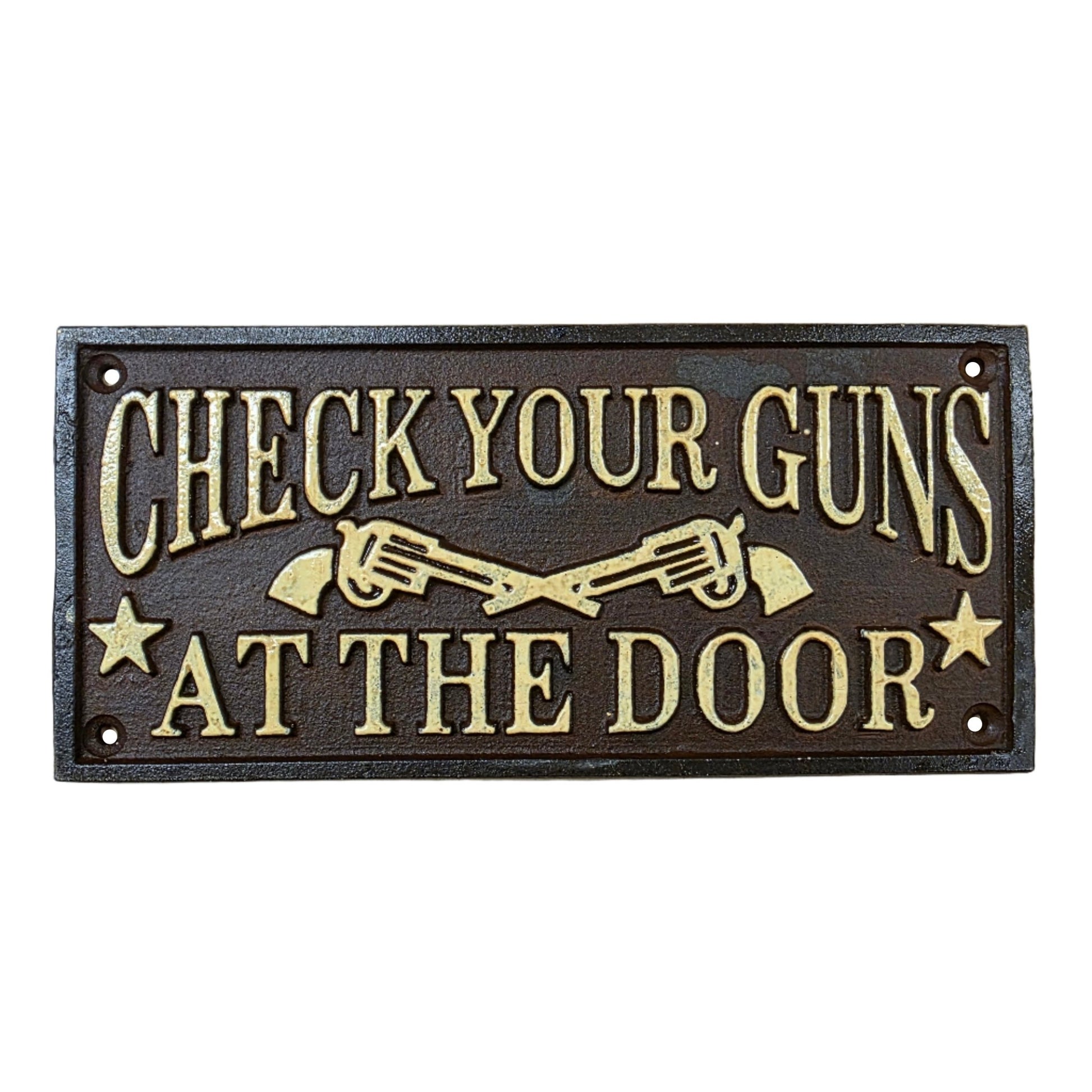 Check Your Guns At The Door Cast Iron Wall Plaque Sign With Antique Finish (7.75" x 3.5") - Jones Peak