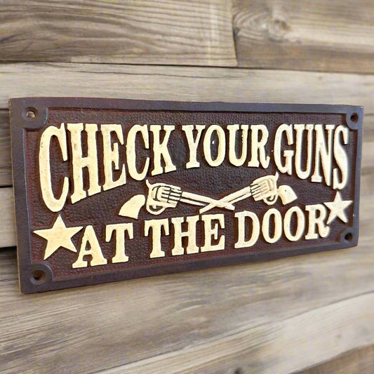 Check Your Guns At The Door Cast Iron Wall Plaque Sign With Antique Finish (7.75" x 3.5") - Jones Peak