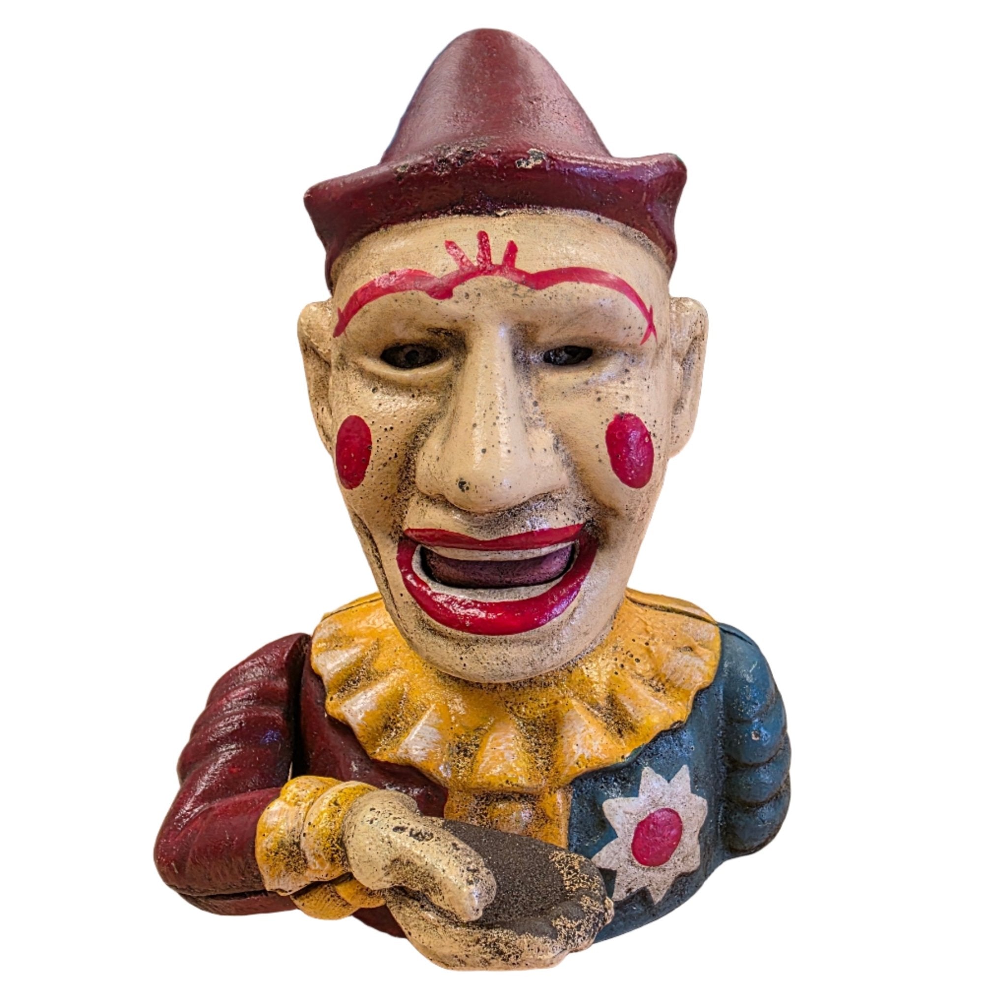 Clown Cast Iron Mechanical Coin Bank With Painted Antique Finish