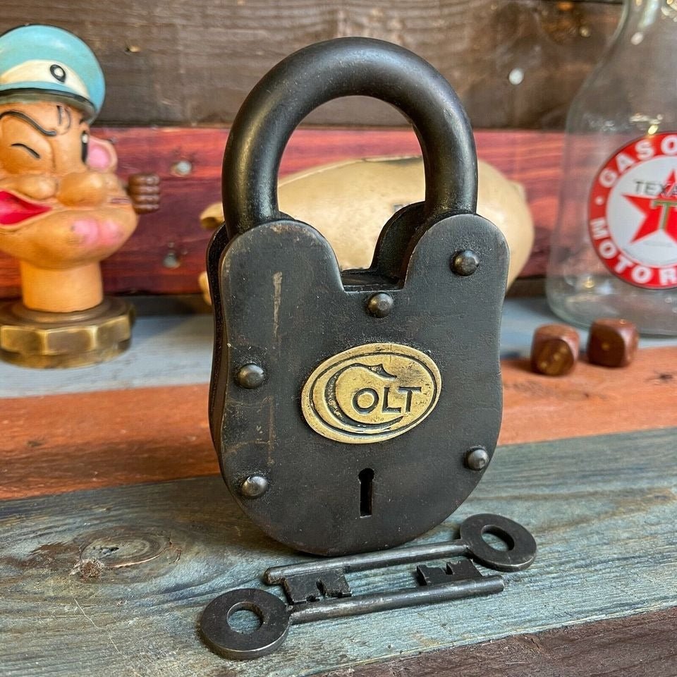 Colt Cast Iron Lock With Brass Tag & Keys (3" x 5") - Jones Peak