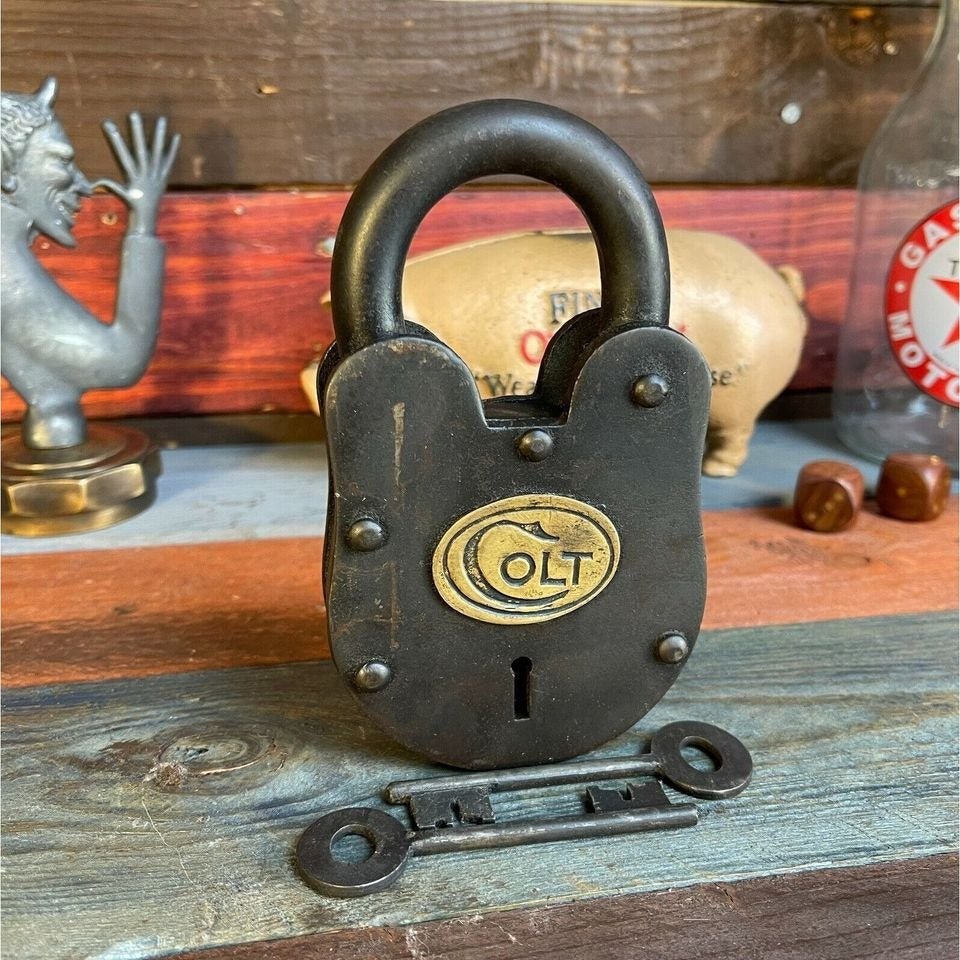 Colt Cast Iron Lock With Brass Tag & Keys (3" x 5") - Jones Peak