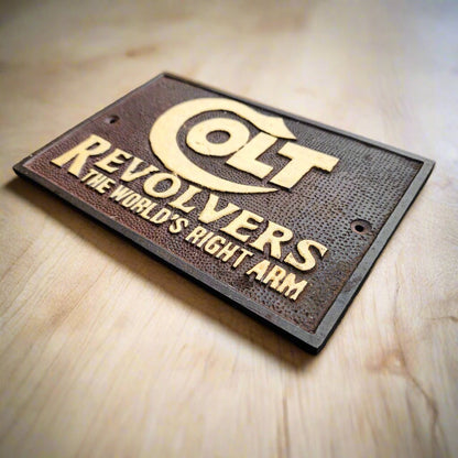 Colt Revolvers Cast Iron Plaque With Raised Lettering & Antique Finish (6.25 x 4.25") - Jones Peak