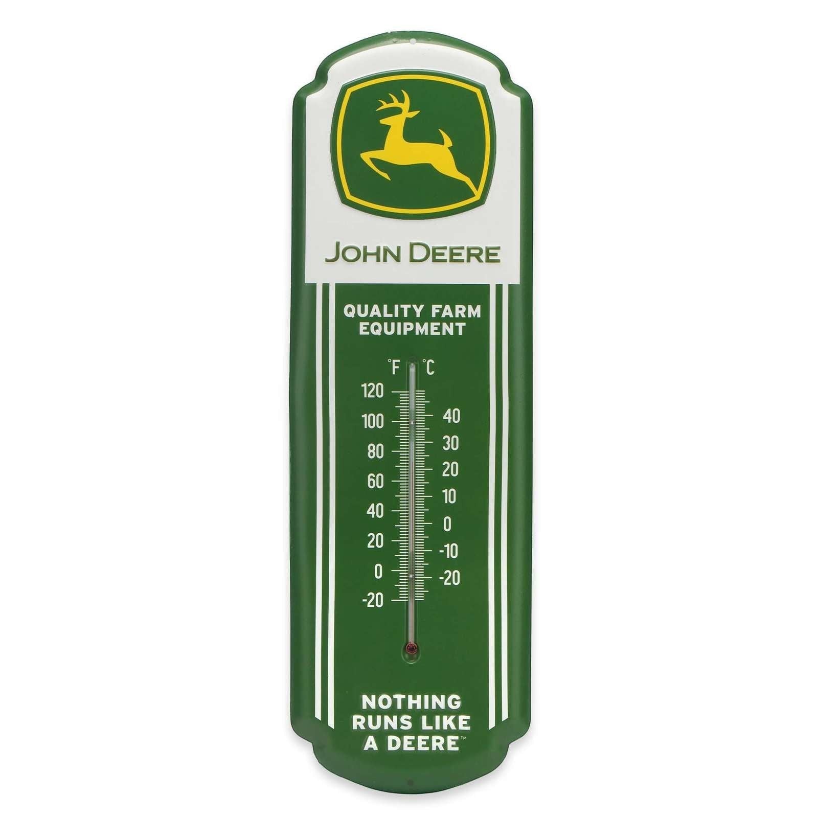 John Deere Farm Equipment metal wall thermometer in green, yellow and white with a dual temperature scale