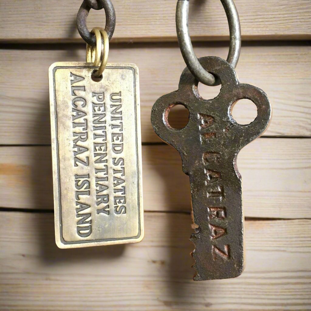 Alcatraz Prison Guard Iron Cell Key, Tag & Solid Brass Whistle (27" Chain)