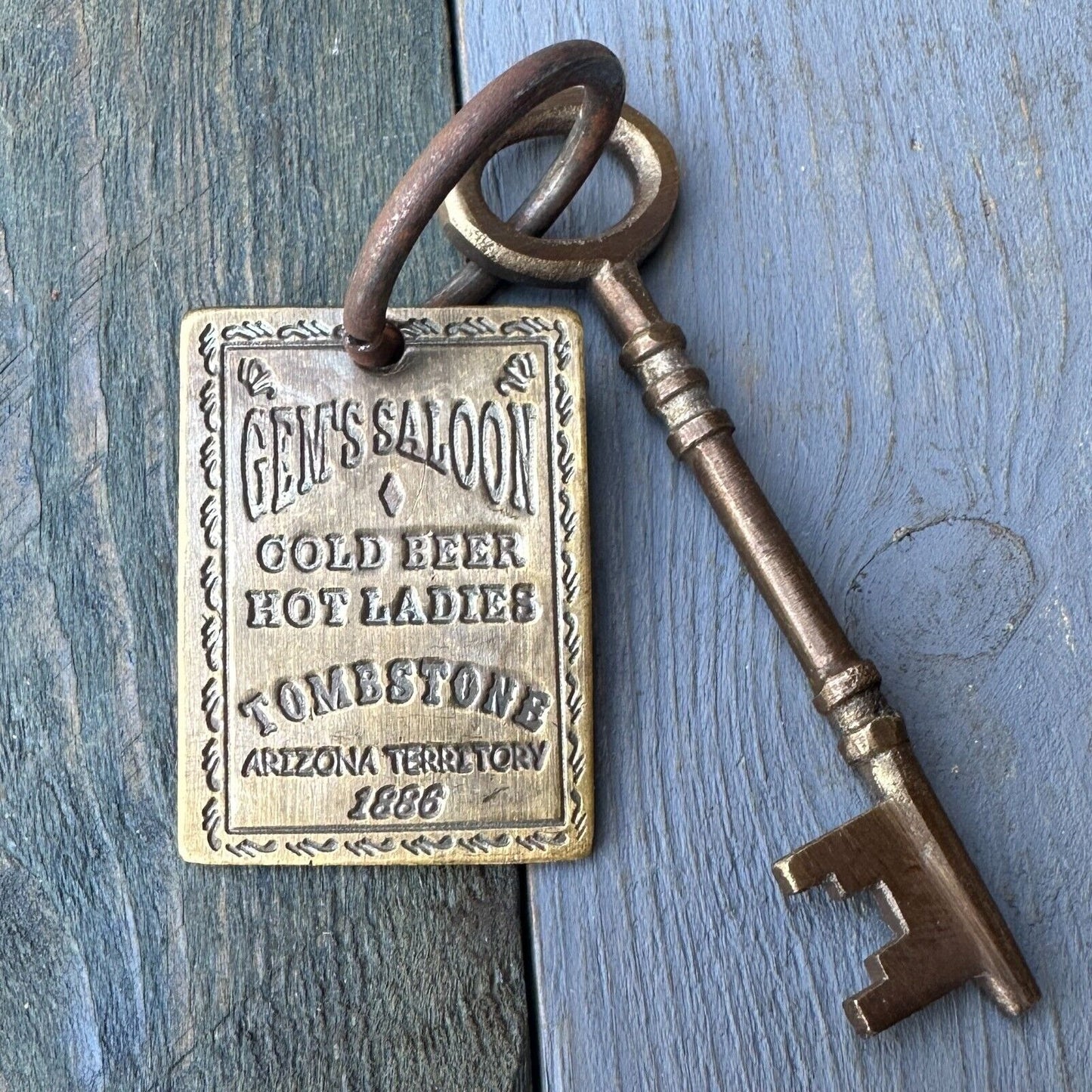 Gem's Saloon 1886 Tombstone Brothel Room Brass Tag & Key With Antique Finish (6.5" Long)